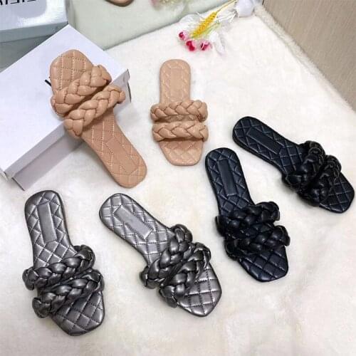 Womens Outdoor Slippers Flat Shoes Square Toe Weave Comfortable Ladies Slippers 2021 Summer New Beach Concise Female Slippers