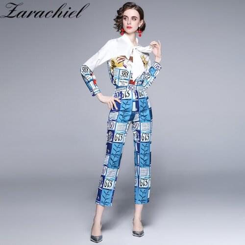 2021 Fashion Cartoon Letter Print Long Pants Suit Women Bow Collar Full Sleeve Blouse Tops + Slim Ankle Pants Blue Two Piece Set