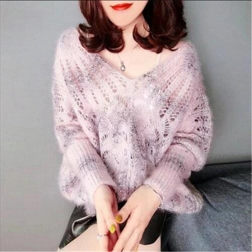 Korean Fashion Sweater womens pullover hollow knit top V-neck loose trend 2021 new womens mohair bright silk sweater women