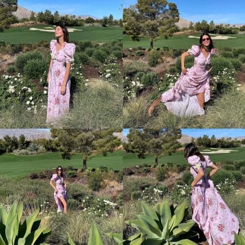 Female Long Dress Summer Flower Print V-Neck Short Puff Sleevefor Ladies S/M/L/XL