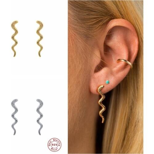 GS 925 Sterling Silver Gold Long Line Vivid Snake Stud Earring Cute Animal Ear Stud Piercing Ohrringe Pendiente Fine Jewelry