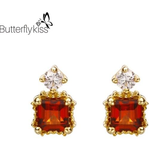 BK 9K Genuine Gold 585 Stud Earrings For Women Fashionable Simple Toapz Red Garnet Gemstone Earrings Jewelry Wedding Party Gifts
