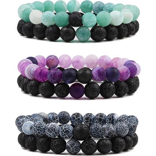 2PCS/Set Beaded Bracelets Bangles Set Natural Lava Stone Couples Distance Energy Elastic Rope Men Women Best Friend Jewelry Gift