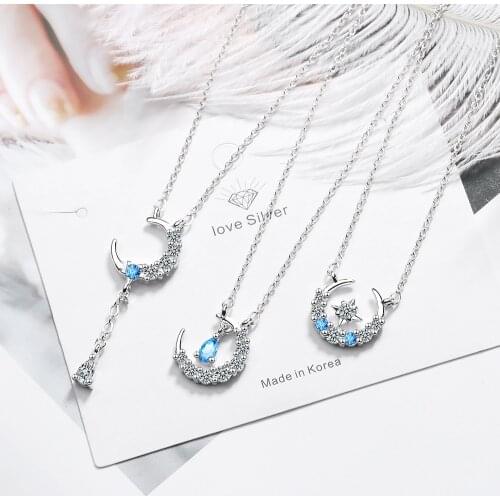925 Sterling Silver Crystal Star Moon Charm Necklace Pendant Christmas Jewelry For Women Wedding choker dz156