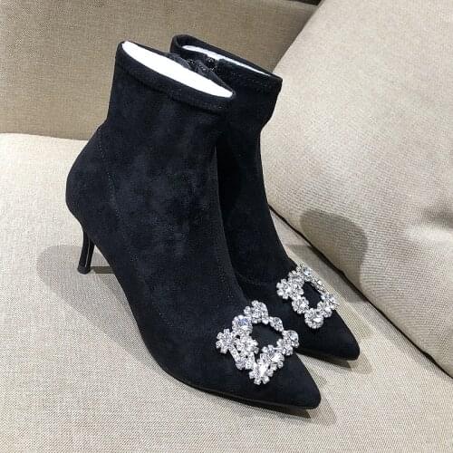 Spring and autumn high heel pointe boots black suede crystal stretch boots zipper square diamond crystal Naked boots short boots