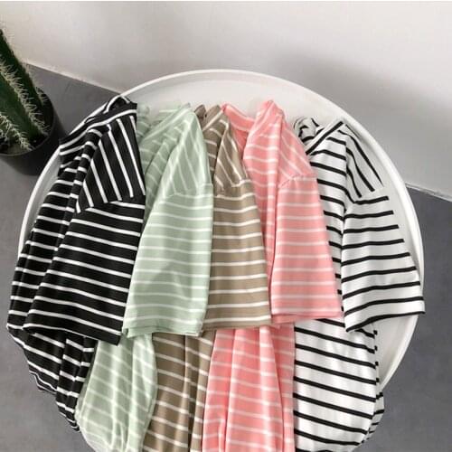 2021 Stripes Candy Colors T Shirt Summer Women Loose Solid Tee Shirt Female Short Sleeve Tops Tees Causal O-Neck Basic T-shirt