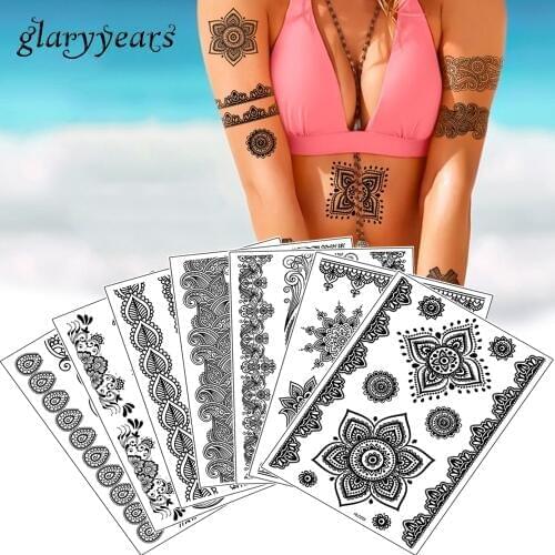 Glaryyears 7 Pieces/set BHLC Lace Black Henna Temporary Tattoo Sticker Flower Fake Tattoo for Women Body Bracelet Jewelry Decals
