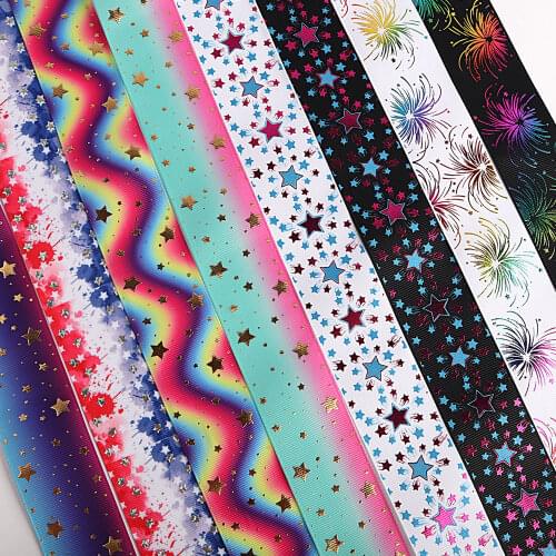 Lucia Crafts New 2021 Fireworks Star Print Ribbon 38mm Grosgrain Ribbon Kid Girl DIY Rosette 2yards/Lot T0513