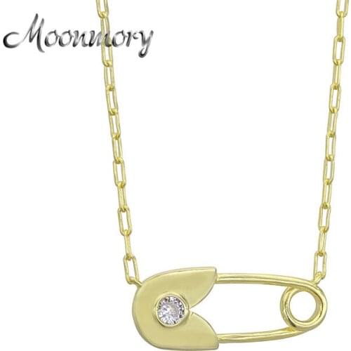 Moonmory 925 Sterling Silver Safety Pin Pendant Necklace For Women Gold Color Small Paper Clip Link Chain Pendant Necklace