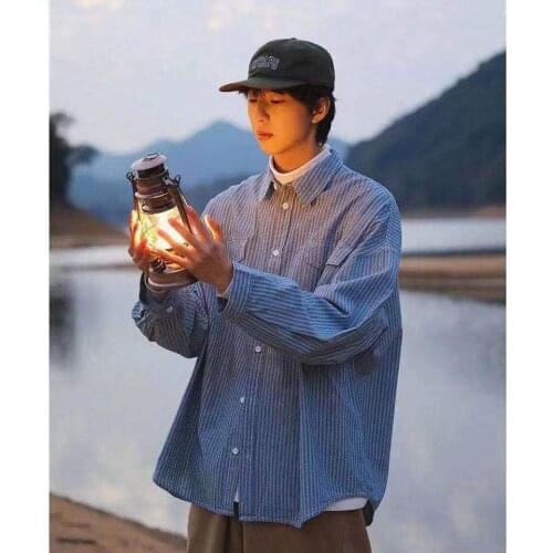 2021 Mens Casual Long Sleeve Shirt Lapel Collar Pocket Stripe Printed Coats Tooling Shirt Cool Clotehs Camisa Masculina S-2XL