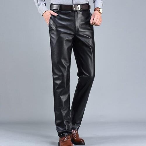 Men Leather Genuine Straight Pants Brand Autumn Winter Cargo Pants Casual Male Cowhide Leather Pants Trousers Plus Size 30#~38