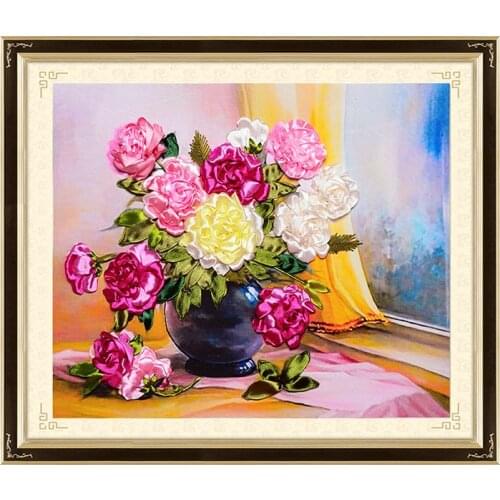 50x40cm 3D flower vase Ribbon embroidery set kit stain paiting handcraft kit DIY handmade needlework art home wall decor