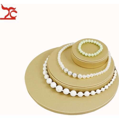 Newest Round Jewelry Counter Showcase Gold PU Necklace Earring Stud Jewelry Display Organizer Storage Holder Stand Rack Kit
