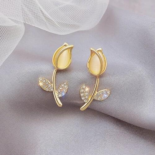 Rose leaf with diamond stud earrings, Korean style, advanced French earrings, small earrings, 2020 New Female