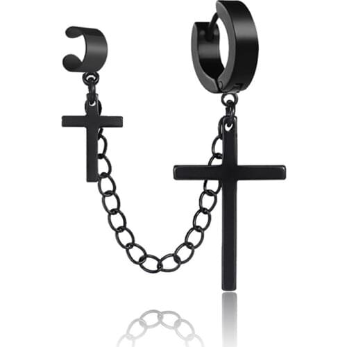 1 piece Stainless Steel Cross Earrings For Man Women Black/Steel color Cross Long Chain Tassel Pendant Punk Jewelry