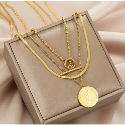 316L Stainless Steel Three-layer Queen Medallion Ladies Stackable Titanium Steel Necklace