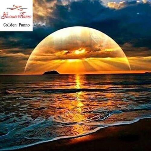 Full square diamond embroidered sunrise sunset sea level embroidery mosaic cross stitch home decoration sticker character