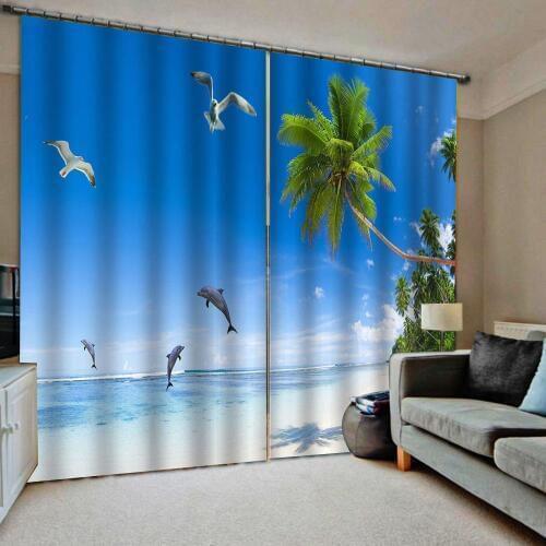 Seaside Scenery Theme Shower Curtain Beautiful Blue Sky White Cloud Seagulls dolphin Sea Waves Window Curtains for Living room