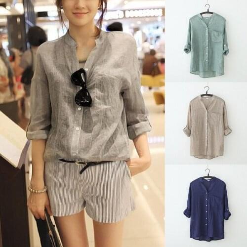 2021 Spring Linen White Shirts Women Long Sleeve V neck Single Button Blouse Womens Tops Fashion Korean Woman Clothes Plus Size