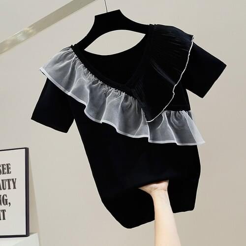 Womens T Shirt Fashion Irregular Sweet Contrast Color Three-Dimensional Ruffled V-neck Slim Fit Then Knitted T-Shirts Lady Tops