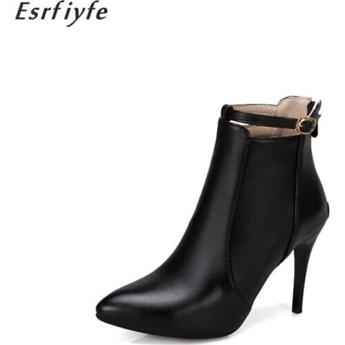 SERFIYFE 2020 New Large Size 19 Stiletto Heels Short Ankle Boots Women Autumn Winter High Heels Pointed Toe Leather Boots Women