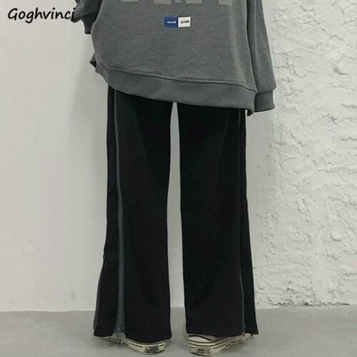 Women Wide Leg Pant Korean Style Spring Autumn Elastic Waist Zipper Straight Trousers Side Split Loose Casual Student Pants Chic