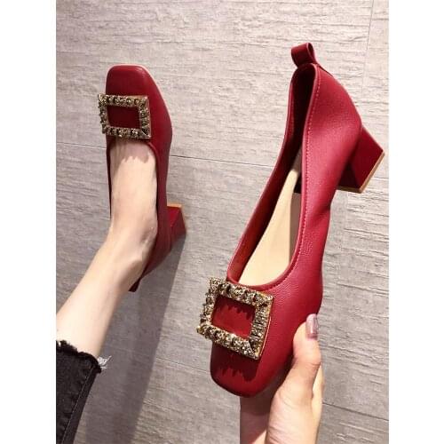 2021 new exquisite rhinestone square buckle retro womens shoes square toe shallow mouth comfortable mid-heel large size 40 shoe