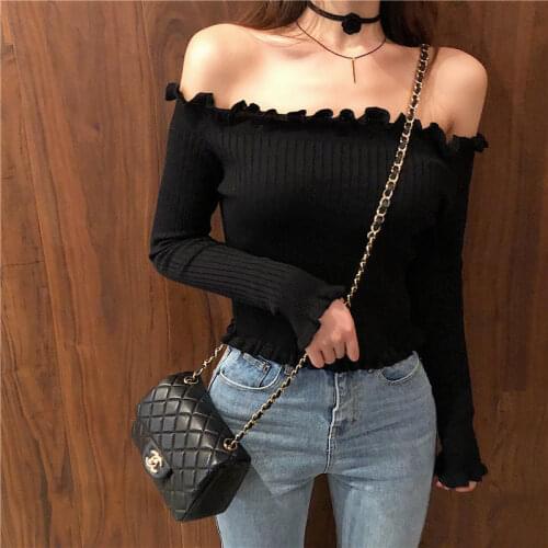 Woman Sweaters Pullover Autumn Sexy Short Off-Shoulder Top Womens Black Long Sleeve Off-Shoulder T-shirt Femme Chandails
