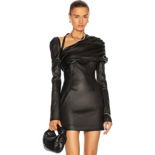 2021 Autumn Women Sexy Long Sleeve Black Leather Mini Lady Dress Fashion Celebrity Designer Evening Vestido Party Dress