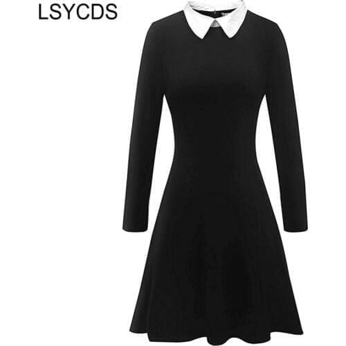 LSYCDS NEW Autumn Winter Womens Elegant Casual Dress 2020 Long Sleeve Peter Pan Collar Vintage Slim Elegant Dresses for Women