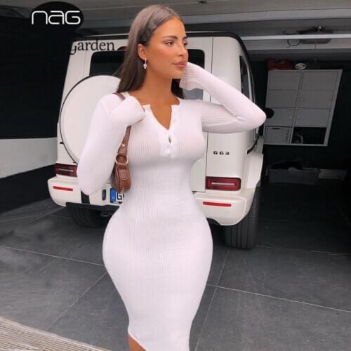 NewAsia Ribbed Knit White Dress Long Sleeve Button Midi Bodycon Dresses Fall 2020 Women Clothing Casual High Waist Long Robe