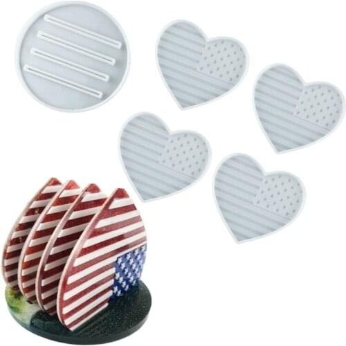 1 Set Love Heart American Flag Coaster Epoxy Resin Mold with Storage Stand Mold Cup Mat Silicone Mould DIY Crafts Jewelry