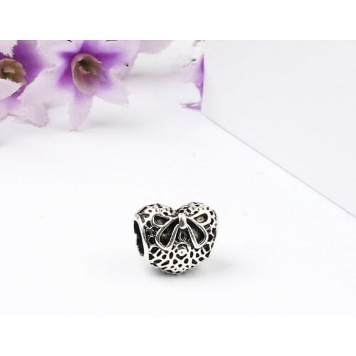 10PCS Wholesale European Silver Color Metal Charm Heart Shape Bow Knot Big Hole Bead Fit DIY Handmade Pendant Bracelet Necklace