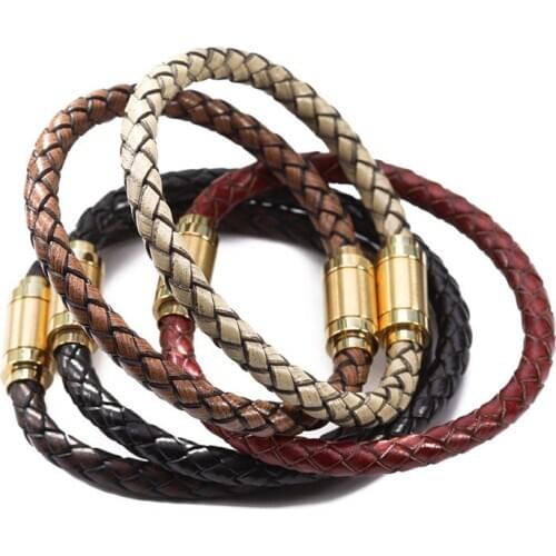 2021 Black Genuine Braided Leather Bracelet Men Women Stainless Steel Magnetic Clasp Male Bracelets Bangles Punk Jewelry