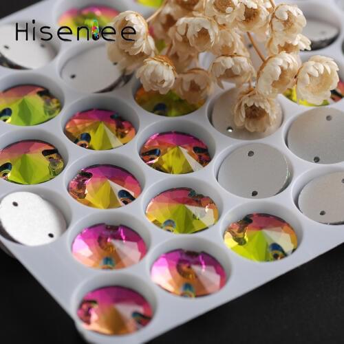 All sizes Flat Back Two Hole Rhinestone Glass Sewing On Rainbow Color Crystal Round Diamond For Wedding Dress Crafts 50pcs