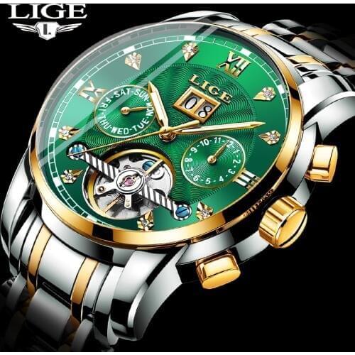 LIGE Green Fashion Mechanica Mens Watches Top Brand Luxury Tourbillon Waterproof Sport Automatic Mechanica Watches For Men+Box
