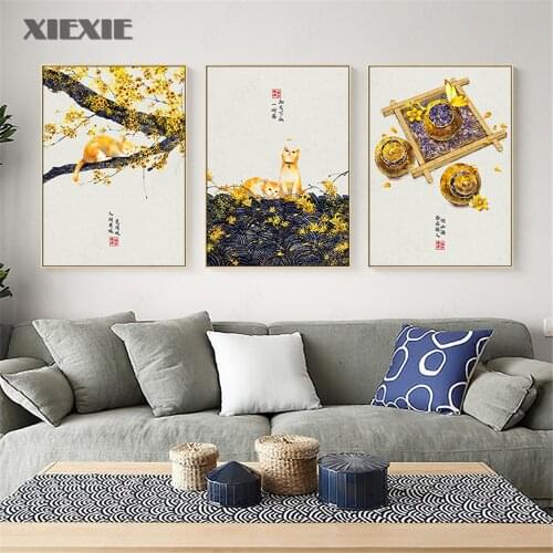 Chinese Style Canvas Painting Ancient Poems Autumn Landscape Wall Art Pictures Plant Cat Butterfly Posters and Prints Home Decor