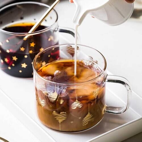 Creative Glass Cup Gold Printed Heat-resistant Coffee Tea Drinks Dessert Breakfast Milk Cup Glass Mugs With Handle Gifts 400ml