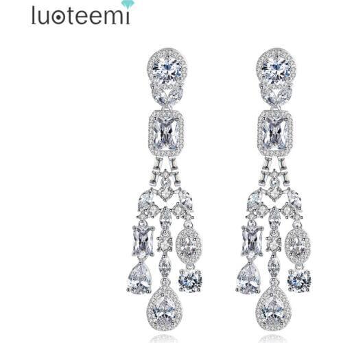 LUOTEEMI Design Big Exquisite Chandelier Long Drop Earrings for Women Wedding Party Luxury CZ Two Colors Jewelry Christmas Gift