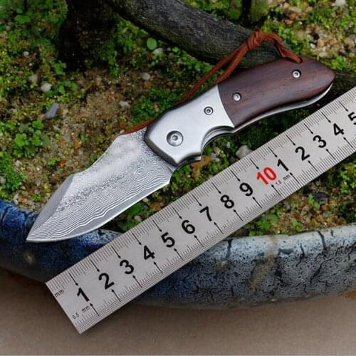 Freewolf Small Folding Blade Knife Damascus Steel Blade Rosewood Handle EDC Pocket Knives With Wood Box Package H0157