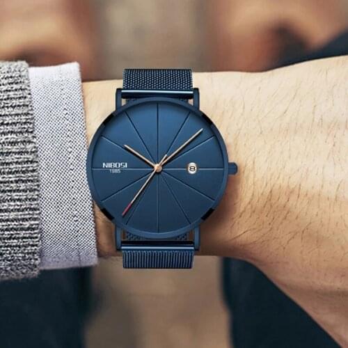 NIBOSI Men Quartz Watches Fashion Casual Ultra Thin Wristwatches 30M Waterproof Simple Mesh Belt Blue Watch Relogio Masculino