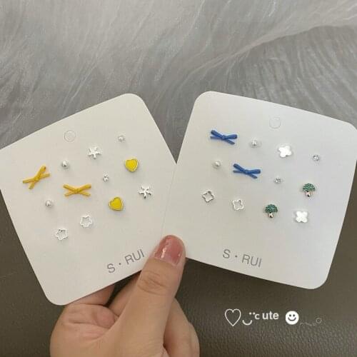 S925 Candy Color Bow Earrings Set Simple And Small Earrings Combination Romantic Sweet Small Fresh Earrings Female Trend