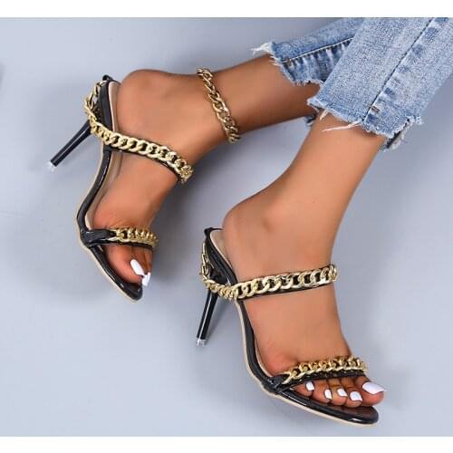 Ladies sandals fashion chain open toe stiletto sandals super fashionable and beautiful red shoes for women plus size 36-43