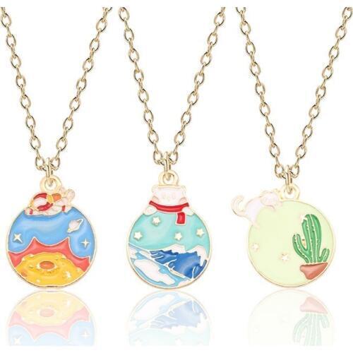 Cartoon Planet Astronaut Polar Bear Cactus Necklace Women Jewelry Gold Chain Enamel Metal Necklaces Accessories Collier Femme