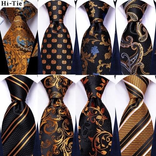 Hi-Tie Gold Black Striped Mens Gift Tie Set Silk Wedding Ties For Men New Fashion Design Quality Hanky Cufflinks Dropshipping