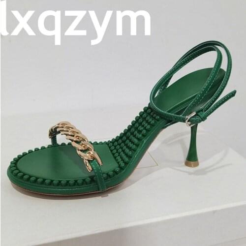 Summer High Heel Sandals Women 2021 Metal Chain Decor Gladiator Sandals Ankle Strap Party Brand Shoes Women Sandalias Mujer