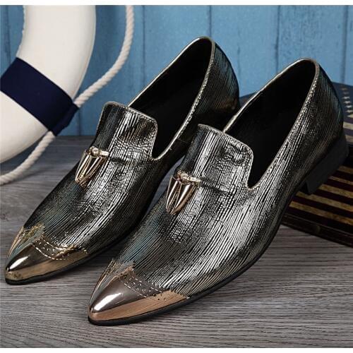 Sapato social metal gold steel toe glitter dress wedding shoes mens tassel slip on causal loafers male italian flats size47