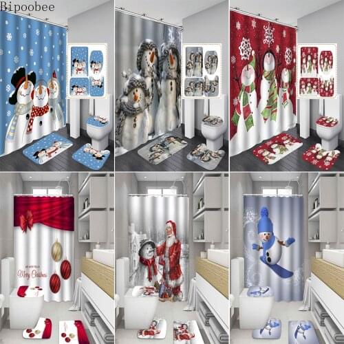 Bipoobee Three Yeti Brothers Pattern Fabric Shower Curtain Merry Christmas Snowman Santa Toilet Cover Bath Mat Bathroom Set
