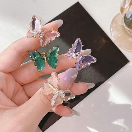UILZ 2021 New Korean Trendy Sweet Color Transparent Crystal Butterfly Adjustable Metal Rings for Women Girls Party Jewelry