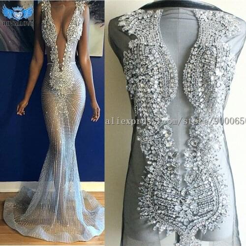 Gorgeous Lace Fabric panel Rhinestone applique bodice large crystal bodice applique patch for wedding haute couture applique